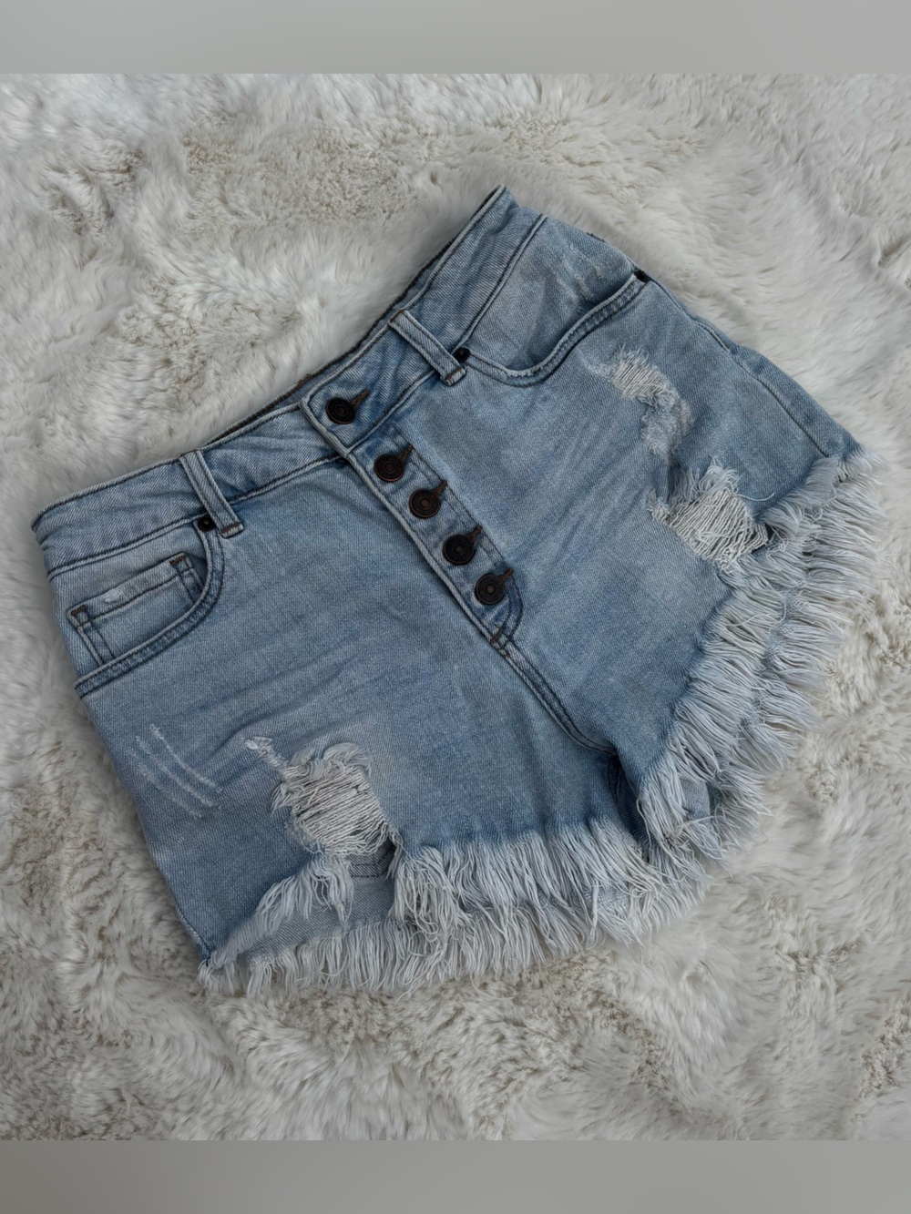 Just USA Light Blue Frayed High-Rise Button-Fly Jean Shorts
